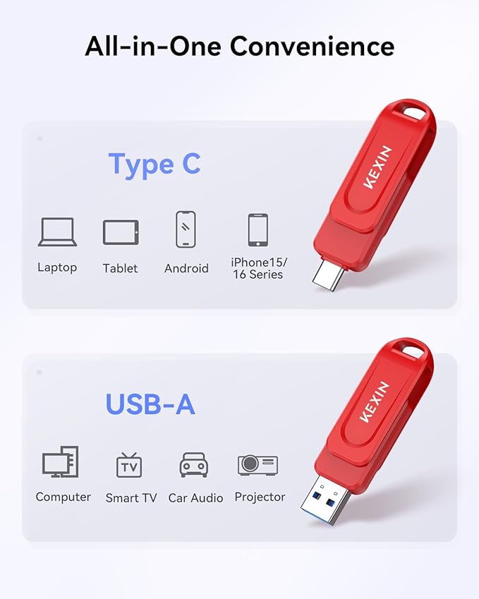 KEXIN Dual 64GB Flash Drive 3.0 USB-A & Type-C Thumb Drive 100MB/s Swivel USB Drive 64GB Memory Stick for Smartphone Tablet iPhone 15/16 Car Game Console, Red