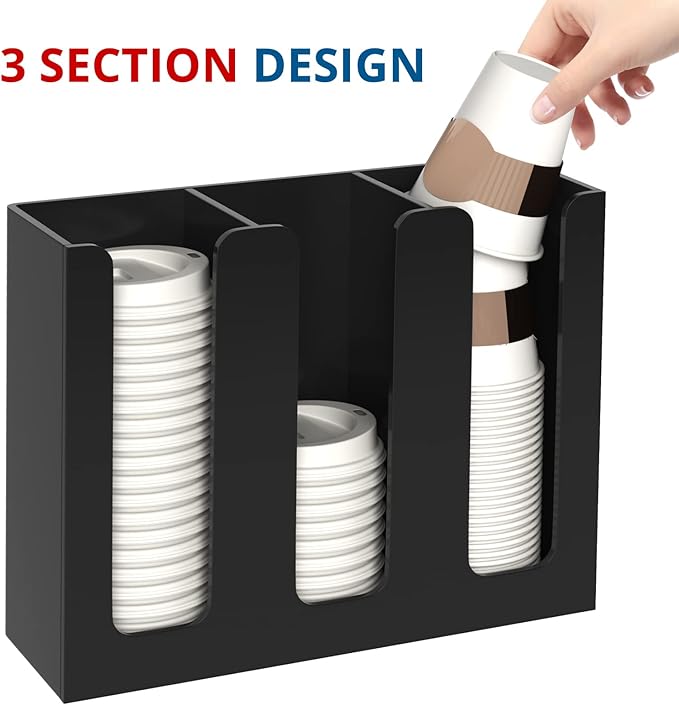 Acrylic Cup and Lid Holder, 3 Compartment, Disposable Coffee Cup Dispenser Cup Storage Organizer, Black