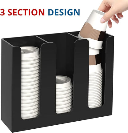 Acrylic Cup and Lid Holder, 3 Compartment, Disposable Coffee Cup Dispenser Cup Storage Organizer, Black