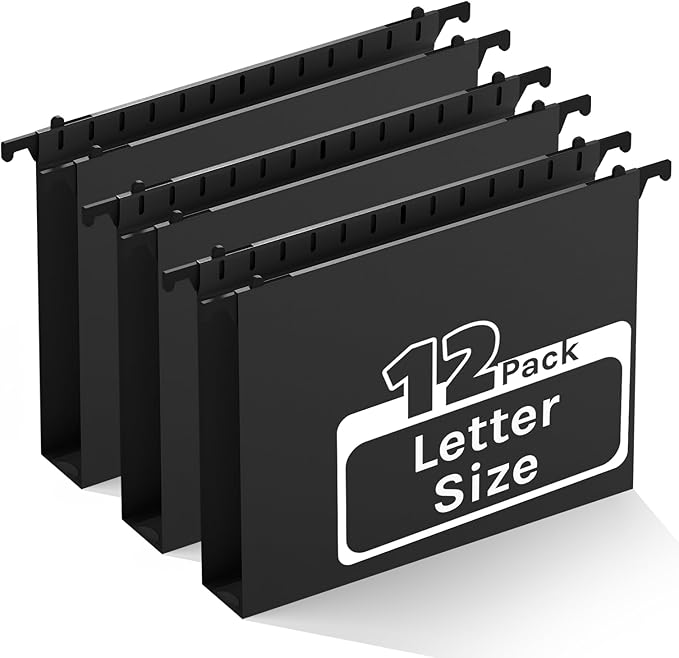 Ansook Extra Capacity Plastic Hanging File Folders,12 Pack Reinforced Letter Size Hanging Folder,Heavy Duty 1 Inch Expansion, Filing Cabinet Folders,for Bulk Files, Medical Charts,Black