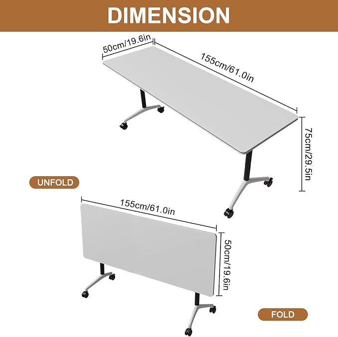 Folding Conference Table, Conference Room Tables Foldable Large Meeting Seminar Table on Wheels,Flip Top Boardroom Training Tables for Office, Classroom,Meeting (6, White2, 61in)