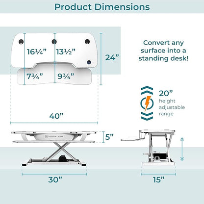 VERSADESK® Electric Standing Desk Converter, 40 Inch Large PowerPro™ Height Adjustable Sit to Stand Desk Riser with Keyboard Tray, Built-in USB Charging Outlet, Ergonomic Workstation, White
