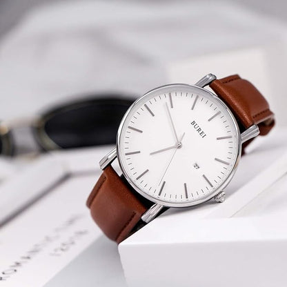 BUREI Men Watches Brown Leather Fashion Minimalist Wrist Watch Simple Ultra Thin Waterproof Quartz Watches All Black Stainless Steel Mesh Band,Gift for Men Women