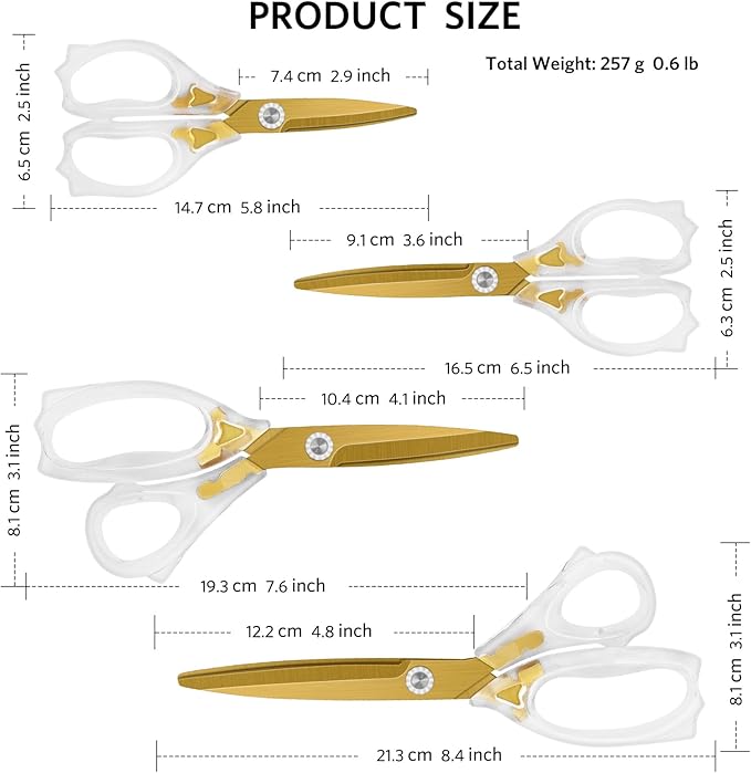 Acrylic Scissors, Ultra-Sharp Titanium Coated Blades and Ergonomic Clear Handle, Clear Gold Sscissors for Office Desk, Modern Design for Craft, Sewing, Office & Home, Set of 4, Gold