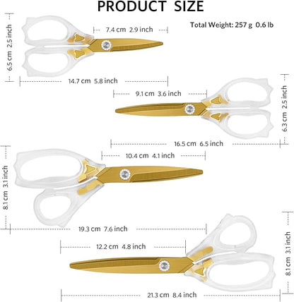 Acrylic Scissors, Ultra-Sharp Titanium Coated Blades and Ergonomic Clear Handle, Clear Gold Sscissors for Office Desk, Modern Design for Craft, Sewing, Office & Home, Set of 4, Gold