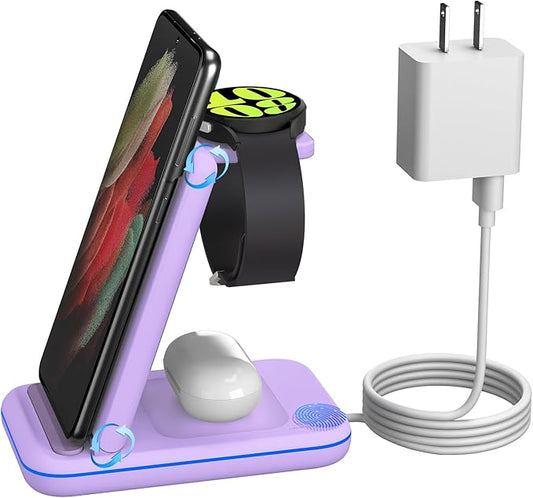 Multi Charger for Samsung, Foldable Charger ONLY for Galaxy Watch Ultra/7/6/5/4/3/Active 2, Travel 3 in 1 Fast Charging Station/Dock for Samsung S24/S23/S22/S21/S20/Note 20, for Buds 3/2 Pro(Violet)