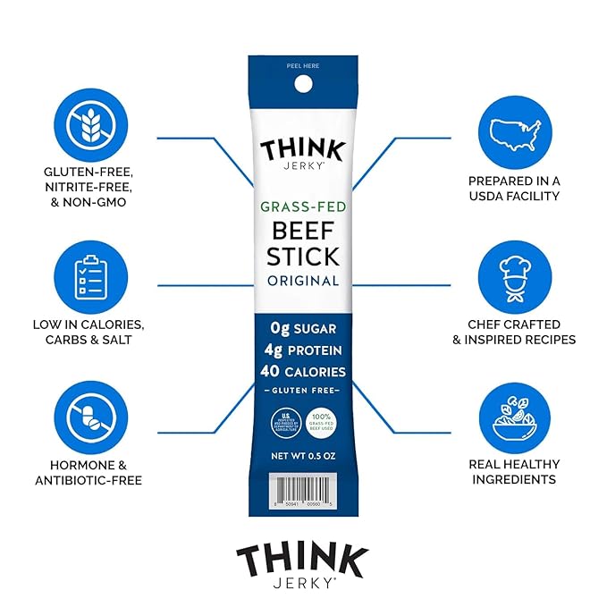 Think Jerky Original Beef Sticks, Gluten and Sugar Free, No Nitrates, Keto Paleo Friendly High Protein Low Carb Meat Snack - 0.5 oz Sticks, 20 Pack