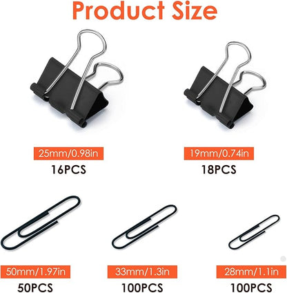 Black Paperclips Office Supplies Set Small Medium Large Paper Clips and Binder Clips Assorted Sizes for Home, School and Office Supplies