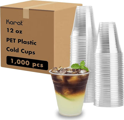Karat [1,000 ct] 12oz Plastic Cups, Clear Disposable Cold Cups for Iced Coffee, Smoothies, Cocktail, and Water, 98mm