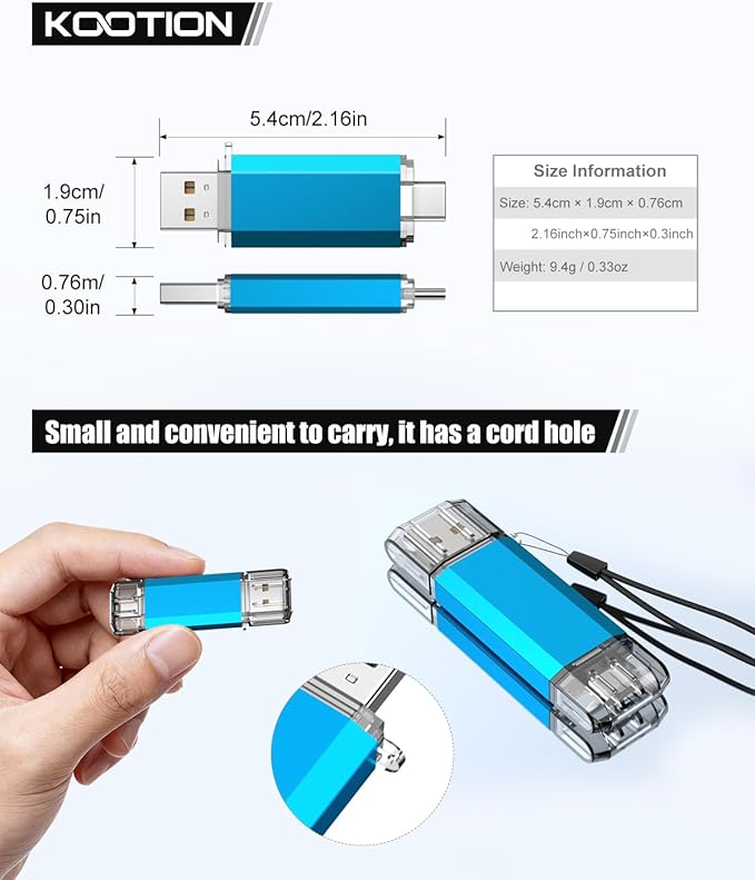 KOOTION USB C Flash Drive 128GB 2 in 1 OTG USB 3.0/Type C Thumb Drive Dual Drive USB C Memory Stick for Smartphone/Laptop/Tablet/PC - 128G, Blue