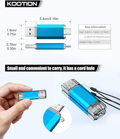KOOTION USB C Flash Drive 64GB 2 in 1 OTG USB 3.0/Type C Thumb Drive Dual Drive USB C Memory Stick for Smartphone Laptop Tablet PC, Blue