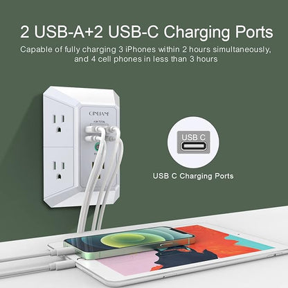 USB Wall Charger, Surge Protector, QINLIANF 5 Outlet Extender with 4 USB Charging Ports(2U2C) 3-Sided 1680J Power Strip Multi Plug Outlets Wall Adapter Spaced for Home Travel Office, White