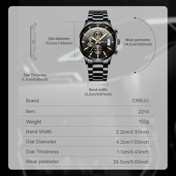 CRRJU Men's Fashion Stainless Steel Watches Date Waterproof Chronograph Wristwatches,Black Steel Band Waterproof Quartz Watch for Men