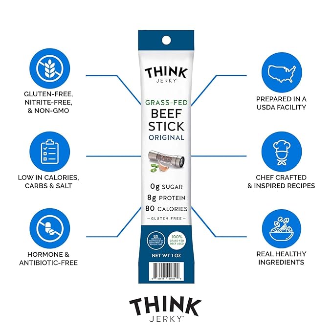 Think Jerky Original Beef Sticks, Gluten and Sugar Free, No Nitrates, Keto Paleo Friendly High Protein Low Carb Meat Snack - 1.0 oz Sticks, 10 Pack