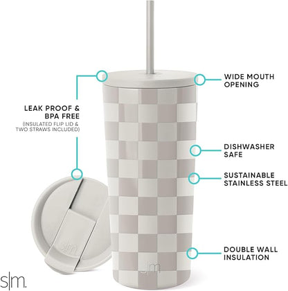 Simple Modern Insulated Tumbler with Lid and Straw | Iced Coffee Cup Reusable Stainless Steel Water Bottle Travel Mug | Gifts for Women Men Her Him | Classic Collection | 20oz | Checkmate