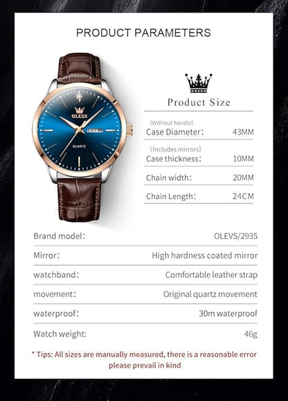 OLEVS Mens Watches, Dress Waterproof Classic Analog Casual Luxury Wrist Watch for Men with Date, Easy to Read Relojes para Hombres Male Quartz Wristwatch with Brown Black Leather Band Blue Black Dial