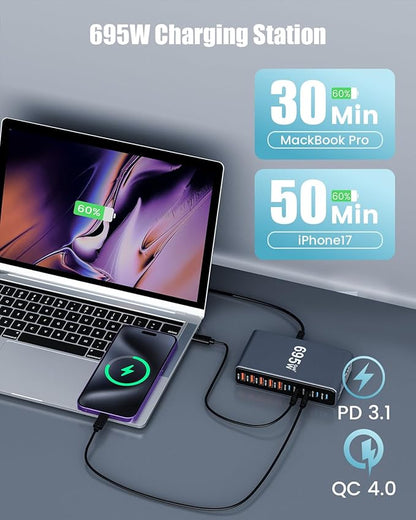695W USB C Charger Block,10 - Port USB C Charging Station GaN IV Travel Essentials Multiple Port Charging Station,100W Laptop Fast Charger Adapter for MacBook Pro/Air,DELL,iPad,iPhone,Samsung Galaxy | Wall Chargers - TrueDesk