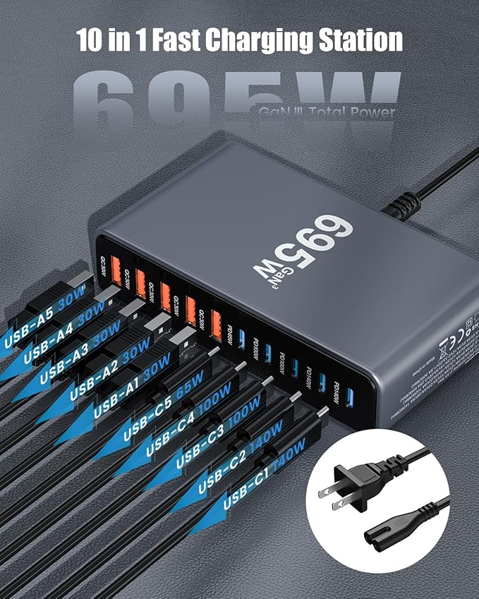 695W USB C Charger Block,10 - Port USB C Charging Station GaN IV Travel Essentials Multiple Port Charging Station,100W Laptop Fast Charger Adapter for MacBook Pro/Air,DELL,iPad,iPhone,Samsung Galaxy | Wall Chargers - TrueDesk