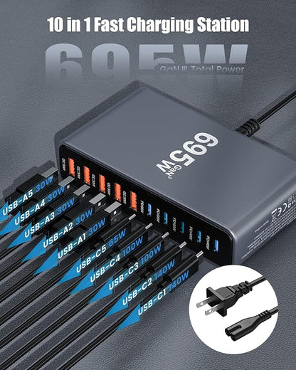 695W USB C Charger Block,10 - Port USB C Charging Station GaN IV Travel Essentials Multiple Port Charging Station,100W Laptop Fast Charger Adapter for MacBook Pro/Air,DELL,iPad,iPhone,Samsung Galaxy | Wall Chargers - TrueDesk