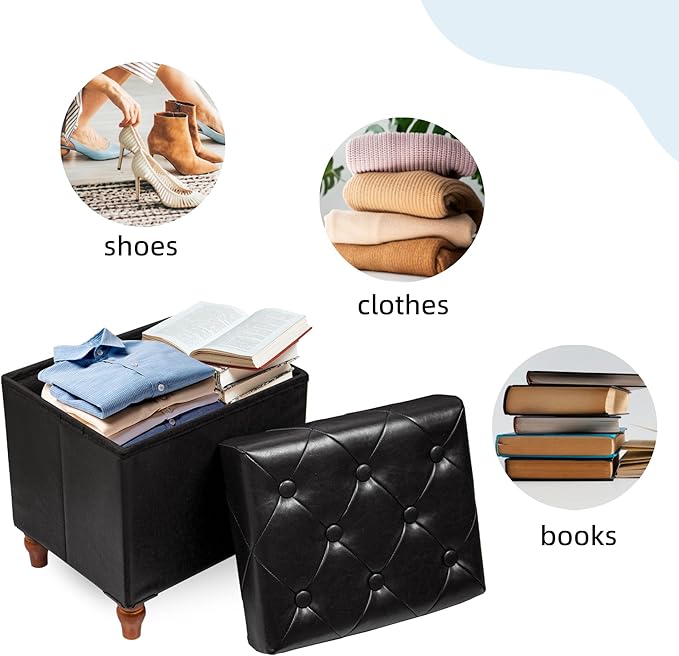 CAROLMADE Folding Storage Ottoman Cube PU Leather Footstool with Wood Legs Ottoman Footrest for Living Room and Bedroom Black, 15x12.6 x 15.4”