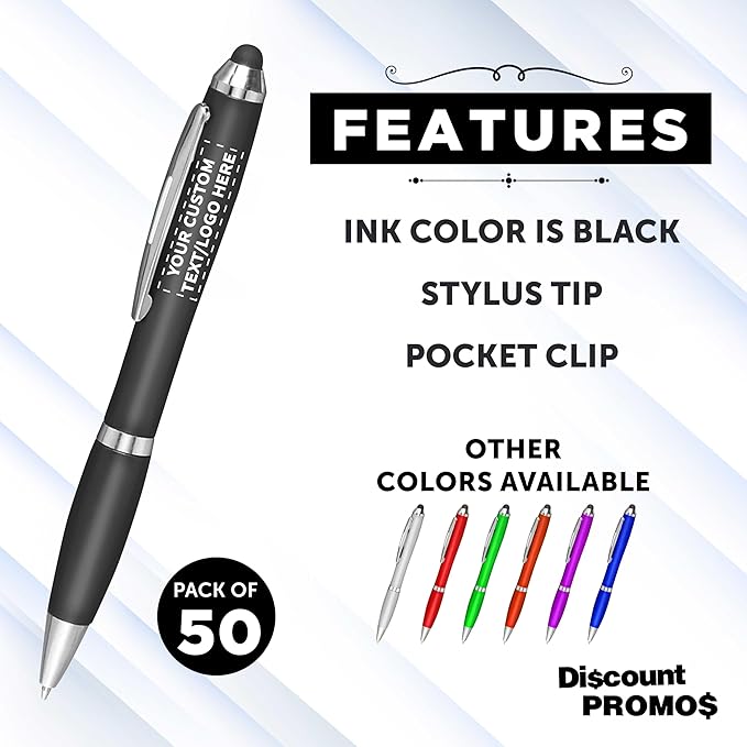 DISCOUNT PROMOS Custom Plastic Stylus Pens Set of 50, Personalized Bulk Pack - Black Ink, Great for Office, School, Business, Tradeshows, Events - Black