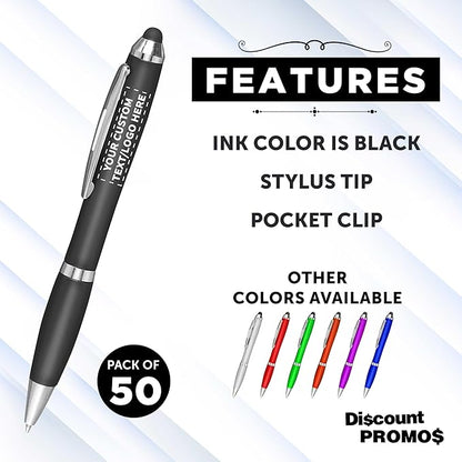 DISCOUNT PROMOS Custom Plastic Stylus Pens Set of 50, Personalized Bulk Pack - Black Ink, Great for Office, School, Business, Tradeshows, Events - Black