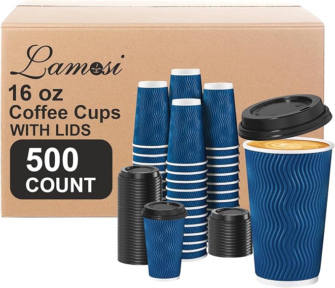 Lamosi Disposable Coffee Cups with Lids 16 OZ 500 Pack, Insulated Paper Coffee Corrugated Ripple Wall To Go Cup with for Hot Beverages - Blue