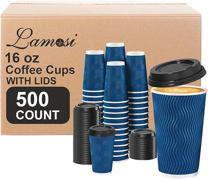 Lamosi Disposable Coffee Cups with Lids 16 OZ 500 Pack, Insulated Paper Coffee Corrugated Ripple Wall To Go Cup with for Hot Beverages - Blue