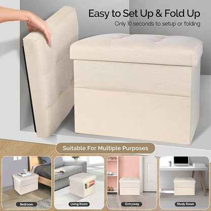 Storage Ottoman,Folding Ottomans with Storage,Linen Ottoman Foot Rest with Pocket,Foot Stool with Thicker Foam Padded for Living Room,Bedroom,Office,Dorm,287 lb Load Capacity,17x13x13in,Beige