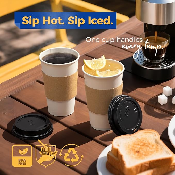 Fit Meal Prep 100 Pack 16 oz Disposable Coffee Cups with Lids, Sleeves, Leak-Proof To Go Coffee Cups with Lids, Durable Paper Cups for Hot Beverage, Home, Office, Party
