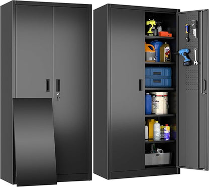 Metal Storage Cabinet, 71" H×34" W×18" D Garage Storage Cabinet with Pegboard, 5 Adjustable Shelves and 2 Doors for Garage Home Office, Lockable File Cabinet, Black, Assembly Required