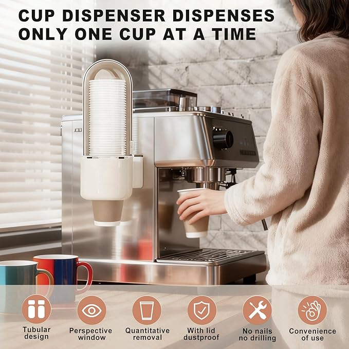 Wall Mount Bathroom Cup Dispenser - Pull Type Water Cooler Cup Holder for 5oz-9oz Disposable Paper and Plastic Cups, Adhesive Install, Wall Mounted Coffee Dispenser for Home, Office, Gym