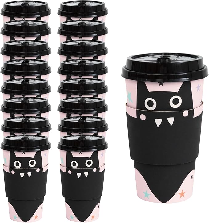 HOME & HOOPLA Halloween Party Pastel Hauntings Black Bat 16oz Paper Coffee Cups with Lids & Sleeves (Serves 16) – Spooktacular Bat Treat Cups