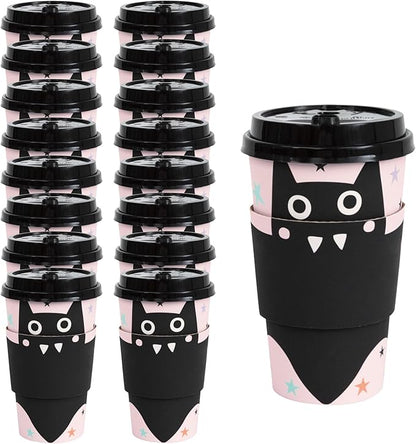 HOME & HOOPLA Halloween Party Pastel Hauntings Black Bat 16oz Paper Coffee Cups with Lids & Sleeves (Serves 16) – Spooktacular Bat Treat Cups