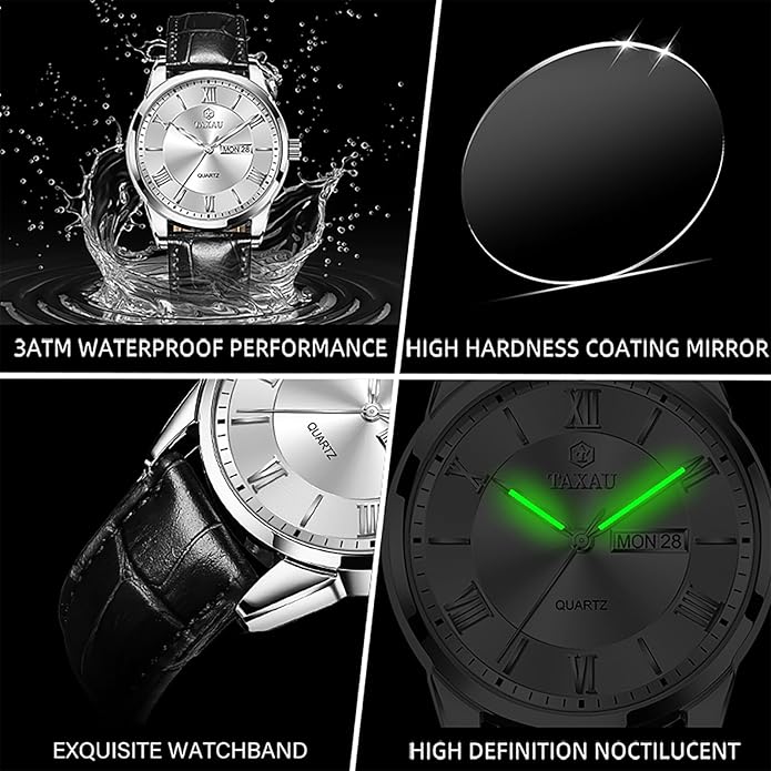 Men's Watch Big Face Easy Read Arabic Numeral Dress Watches for Men Classic Black Brown Leather Band Analog Mens Wrist Watch with Day and Date Fashion Business Waterproof Luminous Quartz Watch