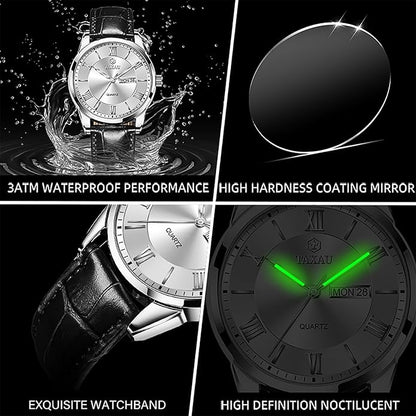 Men's Watch Big Face Easy Read Arabic Numeral Dress Watches for Men Classic Black Brown Leather Band Analog Mens Wrist Watch with Day and Date Fashion Business Waterproof Luminous Quartz Watch