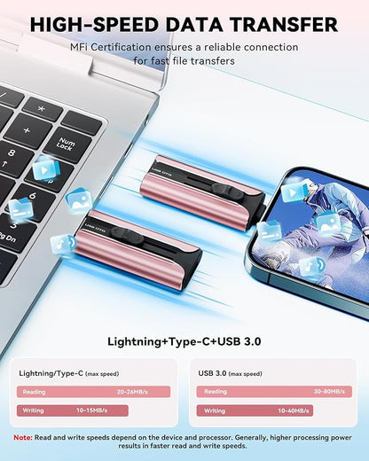 MFi Certified 256GB Flash Drive for iPhone USB Memory Stick Thumb Drives, High Speed USB Stick iPhone Flash Drive for Photos Videos,Photo Stick External Storage for iPhone/iPad/Android/Laptop (Pink)