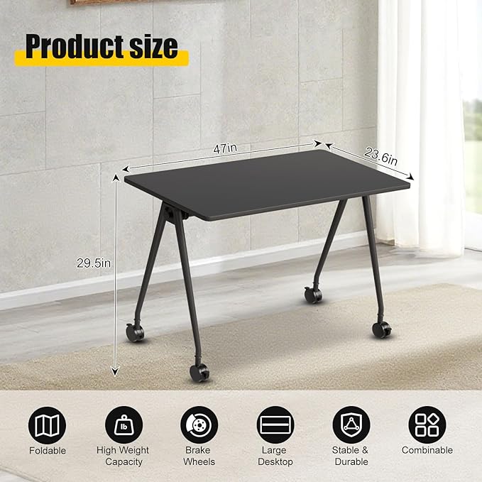 Folding Conference Table, Rectangular Conference Room Tables, Mobile Modular Training Table, Solid Steel Frame,Thickened Panel,for Offices,Meeting Room,Offices andSchools (2, A-Black, 47in)