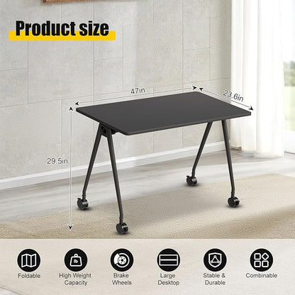 Folding Conference Table, Rectangular Conference Room Tables, Mobile Modular Training Table, Solid Steel Frame,Thickened Panel,for Offices,Meeting Room,Offices andSchools (2, A-Black, 47in)