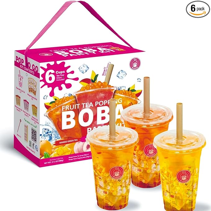 O's Bubble Boba Tea Kit - 6 Servings Bubble Tea Kit - Popping Boba Party Kit - 3 flavors Popping Boba Kit - 6 Packs of Syrups and 6 packs of Popping Boba - All in One Boba Kit for Popping Boba Tea Lovers