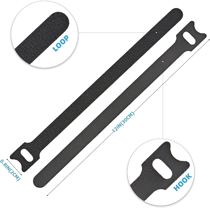 12 Inch Black Cable Ties 50 PCS Reusable Fastening Cable Straps Adjustable Hook & Loop Organizer Straps Cords Management for Home, Office and Data Centers