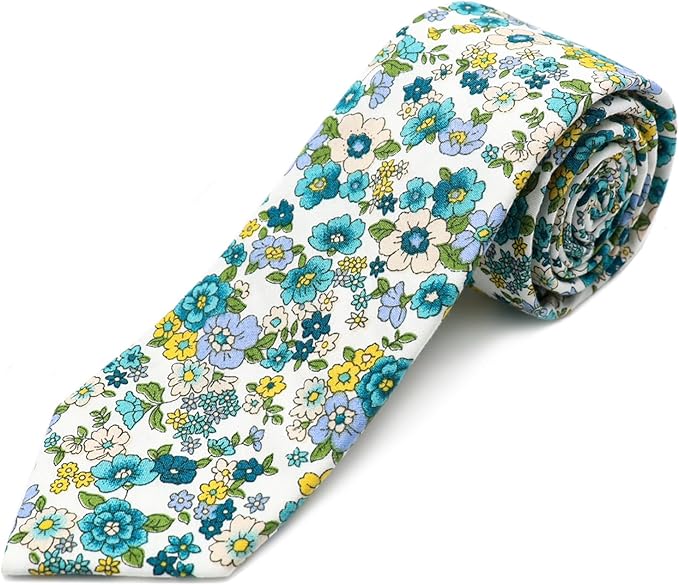 Cotton Floral Ties for Men 2.76" Men's Skinny Tie Linen Flower Printed Neck Tie for Wedding Dating Party