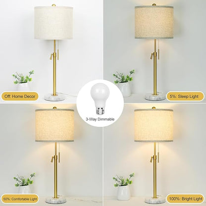 Table Lamp Set of 2: 22" to 30" Height Adjustable Pull Chain Switch for Living Room Bedroom End Table, Marble Base Beige Linen Shade Gold Nightstand Lamp for Office, Bedside Table (Gold, Beige Shade)