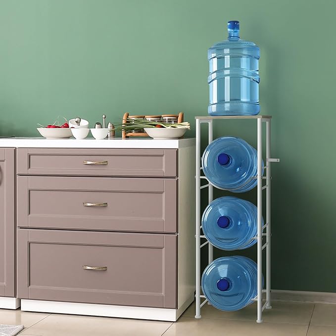 Water Bottle Storage Holder 5 Gallon Drink Dispenser Stand with Table 3-Tier Heavy Duty Water Cooler Jug Rack Water Bottle Organizer for Kitchen, Office, Living Room, Rustic Grey