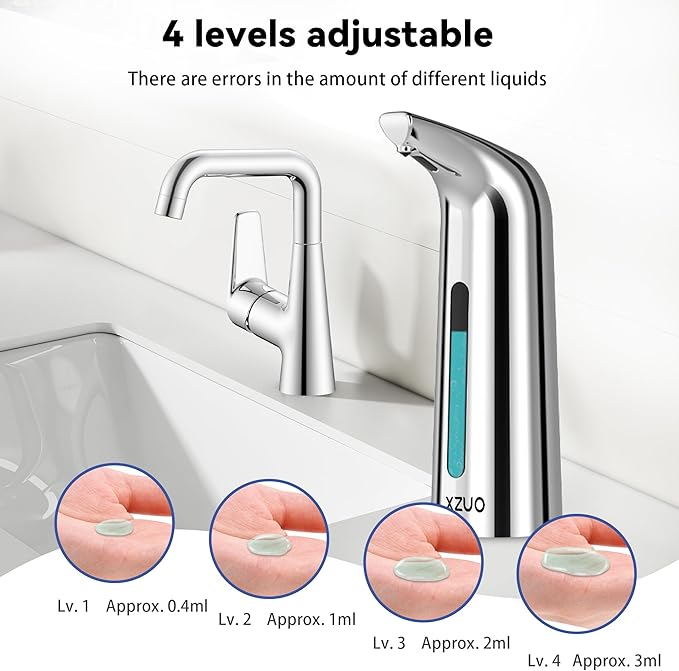 Automatic Soap Dispenser with Infrared Sensor - Adjustable 4-Level Touchless Hand Soap for Kitchen, Bathroom - Battery Operated Electric Dispenser, Durable Plastic, Smart Soap Holder (400ML Silver)