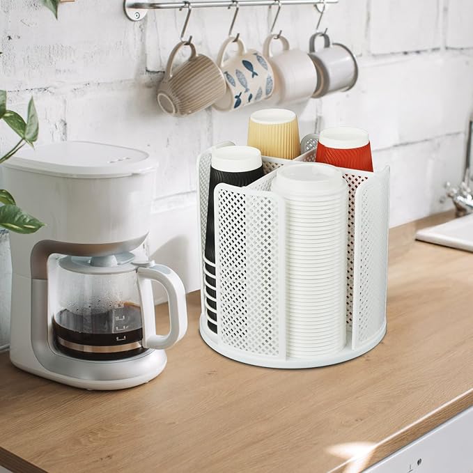 Rotating Cup Dispenser, Coffee Cup Holder with 4 Compartments, Disposable Paper Cup Organizer Fits 5 to 16 oz Cups for Kitchen Cabinets, Detachable Plastic Cup Stand & Lid Holder, White