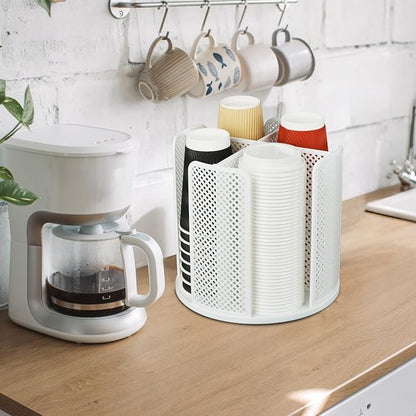 Rotating Cup Dispenser, Coffee Cup Holder with 4 Compartments, Disposable Paper Cup Organizer Fits 5 to 16 oz Cups for Kitchen Cabinets, Detachable Plastic Cup Stand & Lid Holder, White