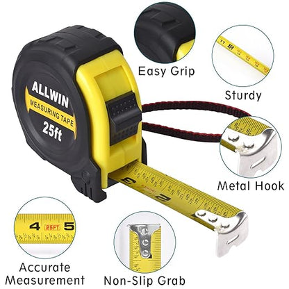Tape Measure 25 Ft - Metal Retractable Tape Measure with Fractions, Easy Read, 1-inch Wide X 25 Foot