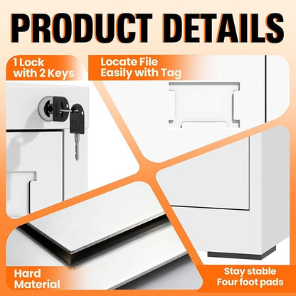 3-Drawer Locking Vertical File Cabinet, Metal Storage Cabinet for Office/Home – Secure Vertical Filing for Letter/Legal/A4/F4 Documents, Easy to Assemble Steel Cabinet, White