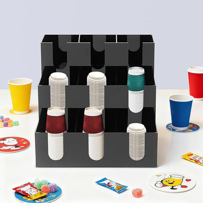 Acrylic 9-Slot Cup Dispenser Organizer, 13x13x12 Inch Black Coffee Cup Holder for Countertop, Fits 3.54-3.94 Inch Diameter Disposable Cups, for Kitchen, Office, Bar, Coffee Station